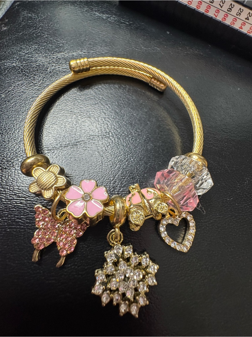 Gold-Tone Pink Floral & Crystal Charm Bangle Bracelet